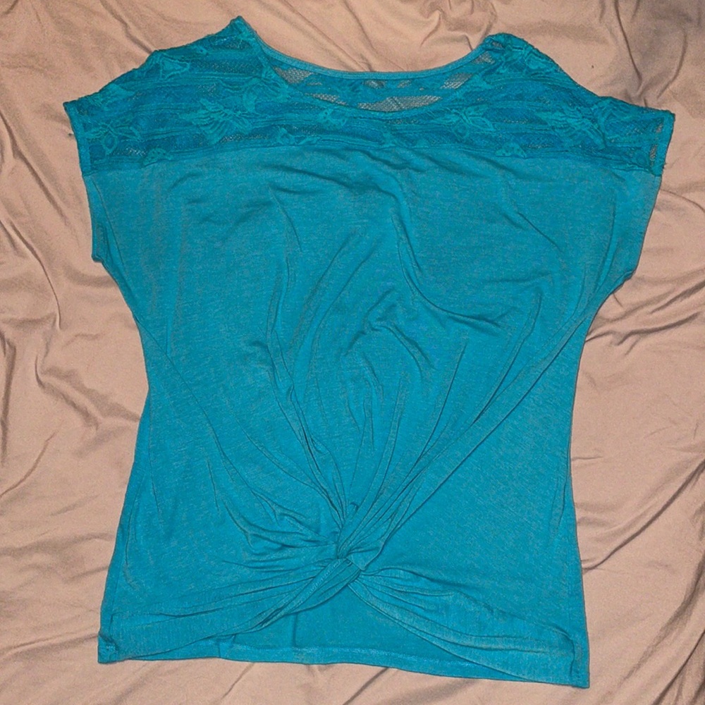 New Direction Butterly Lace Twist Top - Teal Blue - Large